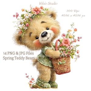 May include: A charming teddy bear illustration with a floral crown and a basket of flowers. The bear is wearing a green outfit and shoes. The image includes the text "14 PNG & JPG Files Spring Teddy Bears".