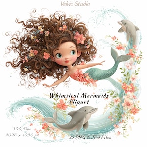 Può includere: Un'illustrazione stravagante di una sirena con capelli castani adornati di fiori, che nuota con i delfini. La sirena ha un top rosa e una coda turchese. L'immagine include il testo "Whimsical Mermaids Clipart".