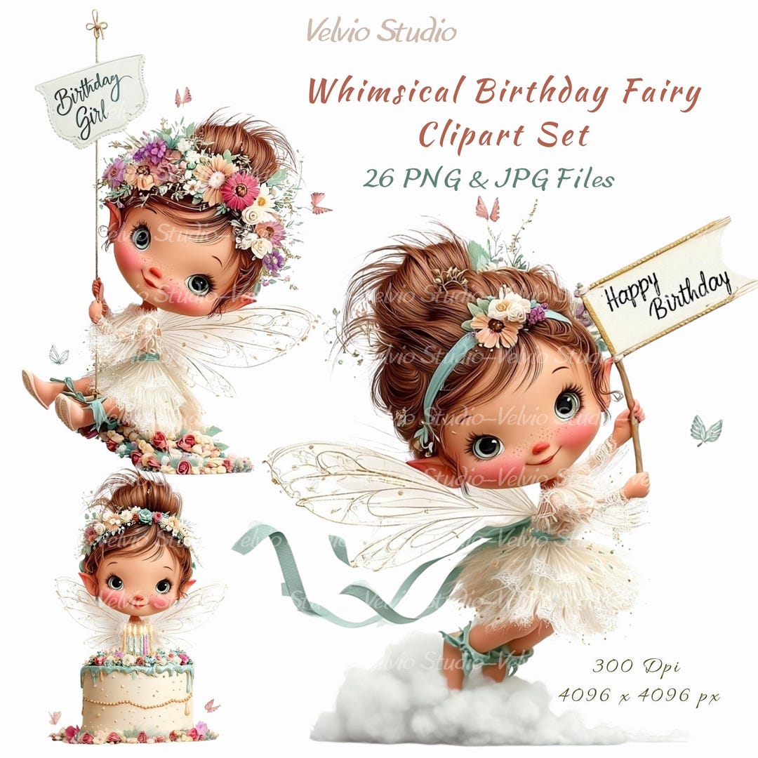 Whimsical Birthday Fairy Clipart Set: 26 PNG & JPG (digital Printable ...