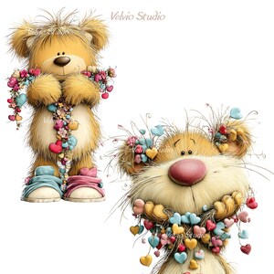 May include: Two whimsical teddy bear illustrations. One bear stands, holding a garland of hearts and flowers. The other bear's face is visible, adorned with a similar garland. Both bears have light brown fur, pink noses, and wear shoes.