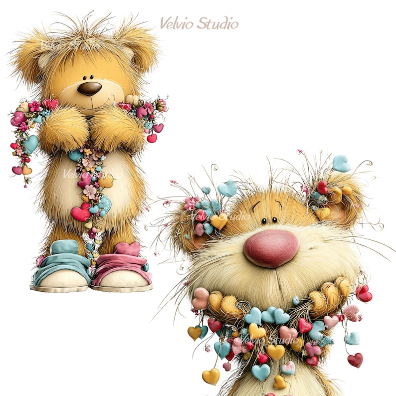 May include: Two whimsical teddy bear illustrations. One bear stands, holding a garland of hearts and flowers. The other bear's face is visible, adorned with a similar garland. Both bears have light brown fur, pink noses, and wear shoes.
