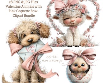 Pink Coquette Bow Animals: Valentine Clipart Bundle, 28 PNG & JPG Files (Digital Download)
