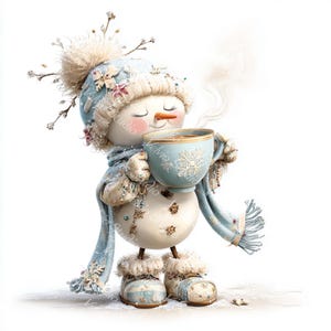 Puede incluir: Ilustraci&oacute;n de un mu&ntilde;eco de nieve caprichoso, adornado con un gorro, bufanda y botas de color azul claro, sosteniendo una taza a juego. El mu&ntilde;eco de nieve tiene una nariz de zanahoria y est&aacute; en un entorno nevado. La taza tiene un dise&ntilde;o de copo de nieve y el texto "Velvie Studio".