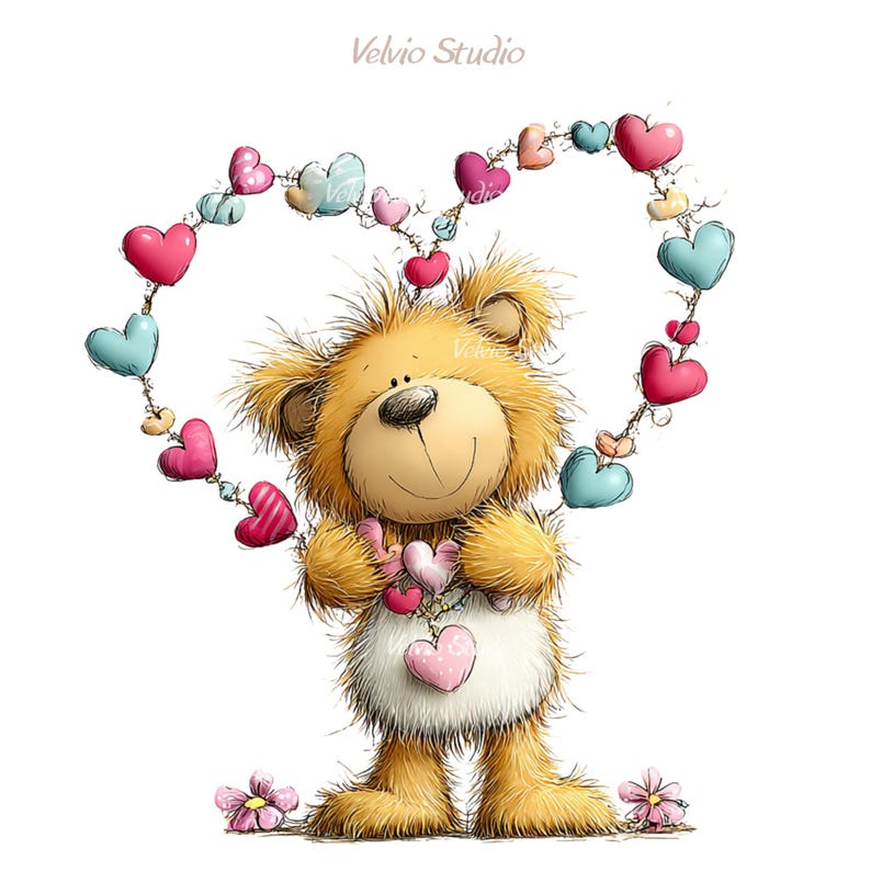 May include: A cartoon illustration of a smiling teddy bear holding a string of colorful hearts. The bear is light brown with a white belly and is surrounded by a heart-shaped garland of pink, blue, and red hearts. The text "Velvio Studio" is in the top left.