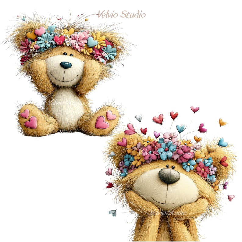 May include: Two adorable teddy bears with flower crowns and heart accents. One bear has its arms raised, while the other rests its chin on its hands. The bears have a light brown fur, pink heart-shaped accents, and colorful flower crowns.