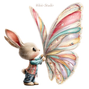 Peut inclure: Illustration fantaisiste d'un lapin tenant une grande aile de papillon color&eacute;e. Le lapin porte une chemise bleue, un gilet &agrave; motifs et un pantalon bleu. L'aile de papillon pr&eacute;sente des couleurs pastel et des motifs complexes.