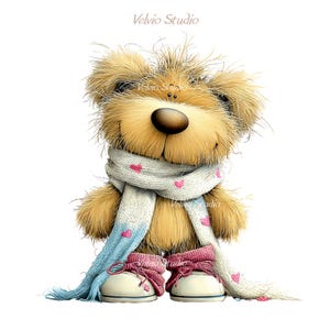 May include: A whimsical illustration of a teddy bear wearing a white scarf with pink hearts and a blue and white trim. The bear is wearing pink sneakers with white soles. The bear has a big smile and is set against a white background.