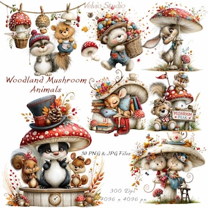 Könnte beinhalten: Eine Sammlung digitaler Illustrationen mit Waldtieren und Pilzen, darunter Eichhörnchen, Bären und Rehe. Textinhalte umfassen Woodland Mushroom Animals, 30 PNG & JPG Files, 300 Dpi, 4096 x 4096 px und Mushroom Peak.