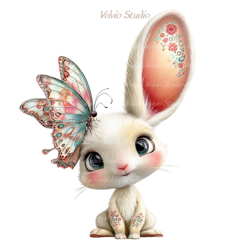 Peut inclure: Illustration fantaisiste d'un lapin blanc aux grands yeux bleus et aux joues roses. Un papillon color&eacute; est pos&eacute; sur sa t&ecirc;te. L'oreille du lapin est orn&eacute;e de motifs floraux. L'image est sur fond blanc.
