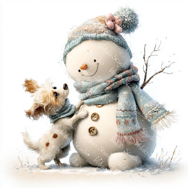 Puede incluir: Una ilustraci&oacute;n caprichosa de un mu&ntilde;eco de nieve y un perro peque&ntilde;o. El mu&ntilde;eco de nieve lleva un gorro y una bufanda azules, y el perro tiene una bufanda a juego. El mu&ntilde;eco de nieve tiene detalles de botones y una nariz de zanahoria. El perro es marr&oacute;n claro con manchas oscuras.