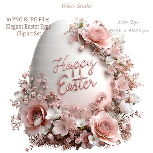 Puede incluir: Ilustración digital de un gran huevo de Pascua blanco adornado con flores rosas y blancas. Las palabras "Happy Easter" están escritas en una escritura de oro rosa en la superficie del huevo. La imagen es un conjunto de imágenes prediseñadas.
