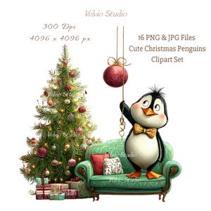 Puede incluir: Ilustración digital de una escena navideña con un pingüino de dibujos animados con pajarita sosteniendo un adorno rojo. También hay un árbol de Navidad decorado y un sofá verde. La imagen incluye el texto "Cute Christmas Penguins Clipart Set".