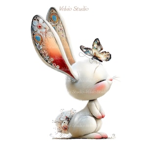 Peut inclure: Illustration fantaisiste d'un lapin blanc avec de grandes oreilles d&eacute;cor&eacute;es et un papillon pos&eacute; sur sa t&ecirc;te. Le lapin a les yeux ferm&eacute;s et une queue touffue orn&eacute;e de fleurs. Les oreilles pr&eacute;sentent des motifs floraux et ornementaux.