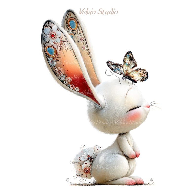 Peut inclure: Illustration fantaisiste d'un lapin blanc avec de grandes oreilles d&eacute;cor&eacute;es et un papillon pos&eacute; sur sa t&ecirc;te. Le lapin a les yeux ferm&eacute;s et une queue touffue orn&eacute;e de fleurs. Les oreilles pr&eacute;sentent des motifs floraux et ornementaux.