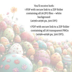Może przedstawiać: Ilustracja kolorowych pisanek na trawiastym polu. Obraz zawiera tekst informujący, że kupujący otrzyma 2 pliki PDF z linkami do folder&oacute;w ZIP zawierających pliki JPG i PNG.