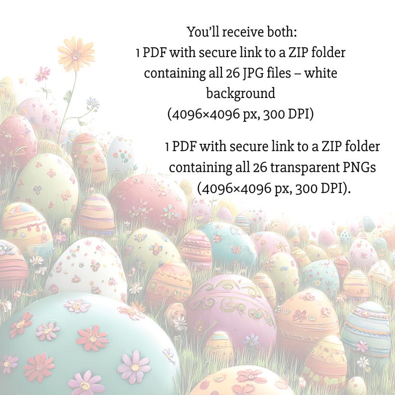Może przedstawiać: Ilustracja kolorowych pisanek na trawiastym polu. Obraz zawiera tekst informujący, że kupujący otrzyma 2 pliki PDF z linkami do folder&oacute;w ZIP zawierających pliki JPG i PNG.