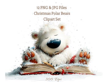 Puede incluir: Ilustración de un oso polar blanco leyendo un libro, con nieve cayendo a su alrededor. El oso lleva una bufanda roja y está rodeado de nieve. Incluye el texto "Christmas Polar Bears Clipart Set".
