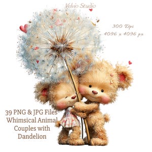 May include: A digital illustration of two teddy bears embracing under a large dandelion. The bears are light brown with rosy cheeks and are holding a wooden stick. The image includes the text "39 PNG & JPG Files Whimsical Animal Couples with Dandelion."