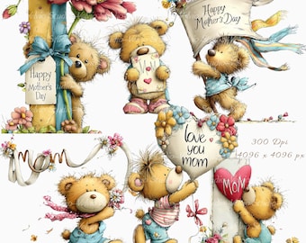 Mothers Day Bear Clipart Set: 37 PNG & JPG Files (Digital Printable)