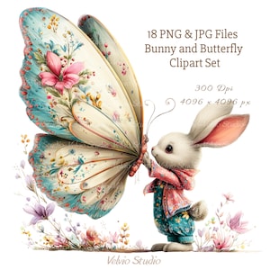 Zestaw clipartów z królikami i motylami: ilustracje wiosenne, 18 plików PNG i JPG (do druku cyfrowego)
