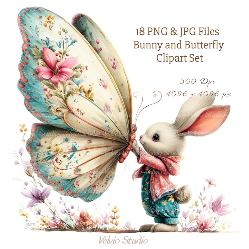 Peut inclure: Illustration num&eacute;rique d'un ensemble de cliparts lapin et papillon. Le lapin, en salopette turquoise et veste rose, tient un grand papillon aux accents floraux et turquoise. Le texte indique : "18 PNG & JPG Files Bunny and Butterfly Clipart Set."