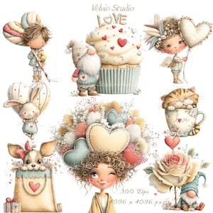 May include: A charming collection of Valentine's Day illustrations. Depicted are a cupcake with the word "LOVE", a gnome, a bunny with a heart balloon, a puppy in a gift bag, and a cat in a teacup. The image uses a soft, pastel colour palette.