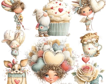 Whimsical Valentine Characters Clipart Set: 26 PNG & JPG Files (Digital Download)