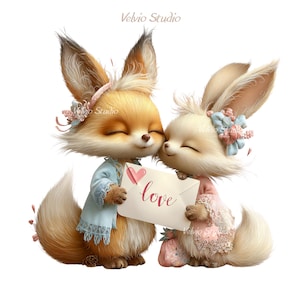 May include: A charming illustration features two adorable, cartoon-like animals, a fox and a rabbit, embracing. The fox is in a light blue outfit, and the rabbit is in a pink outfit. They hold a letter with a heart and the word "love".