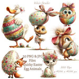 May include: A selection of quirky Easter egg animal illustrations. The image shows a duck, chick, owl, squirrel, fox, and llama, each with a decorated egg. The text reads "50 PNG & JPG Files Quirky Easter Egg Animals". The image is 4096 x 4096 pixels.