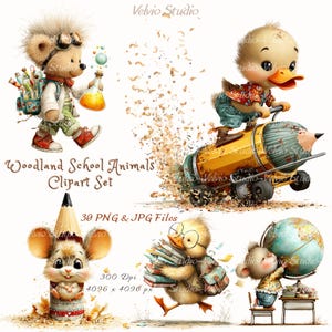 Può includere: Un set di clipart digitali con animali scolastici del bosco. Il set include un orso con occhiali, un'anatra che cavalca una matita, un topo in una matita, un'anatra che trasporta libri e un topo con un mappamondo. Il testo recita "Woodland School Animals Clipart Set".