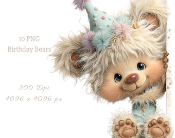 May include: A whimsical illustration of a teddy bear wearing a party hat, peeking from behind a white surface. The bear has fluffy, cream-colored fur, a brown nose, and big blue eyes. The party hat is light blue with pastel decorations. Text on the left says "10 PNG Birthday Bears".
