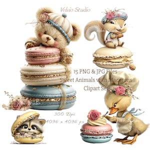 May include: A digital clipart set showcasing charming animals, such as a teddy bear, squirrel, raccoon, and duck, alongside vibrant macarons. The image includes the text "Sweet Animals with Macarons Clipart Set". The image dimensions are 4096 x 4096 pixels.