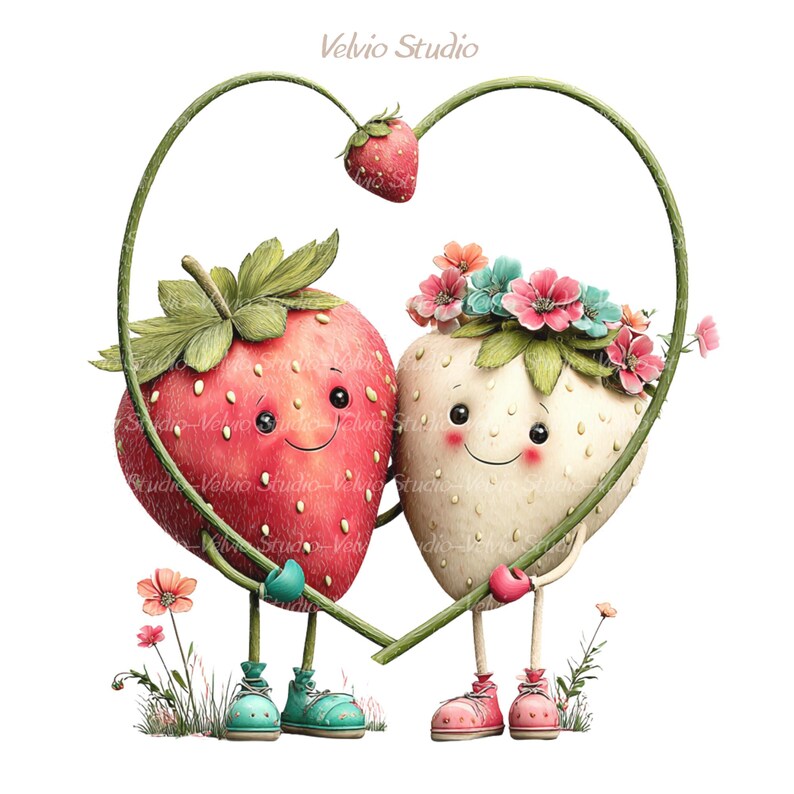 Whimsical Strawberry Couple Clipart: Valentine Illustrations, 18 PNG ...