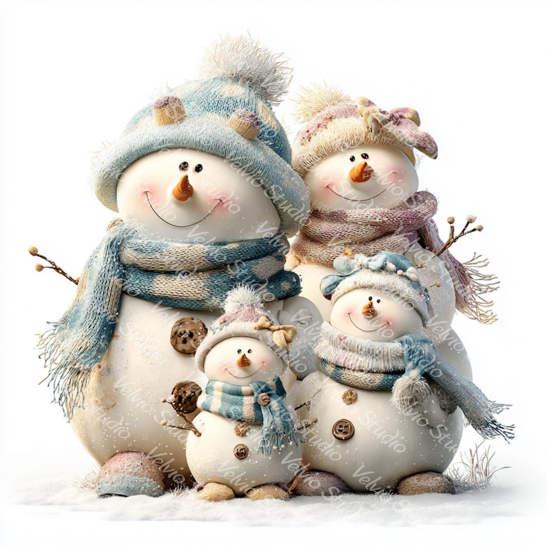 Puede incluir: Cuatro mu&ntilde;ecos de nieve, cada uno con sombrero y bufanda. Los mu&ntilde;ecos de nieve tienen narices de zanahoria, ojos de bot&oacute;n y brazos de ramitas. Los sombreros y bufandas son azules, rosas y blancos. Sobre una superficie nevada.