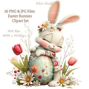 May include: A digital illustration of a white Easter bunny with a floral crown, holding a decorated egg. The egg is adorned with flowers and the bunny wears a floral scarf. The image includes text: "26 PNG & JPG Files Easter Bunnies Clipart Set".