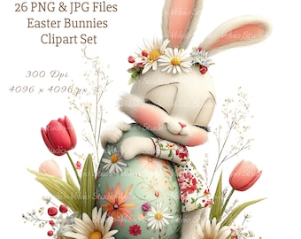 Ensemble fantaisiste de cliparts lapin de Pâques : 26 fichiers PNG et JPG (imprimables numériques)
