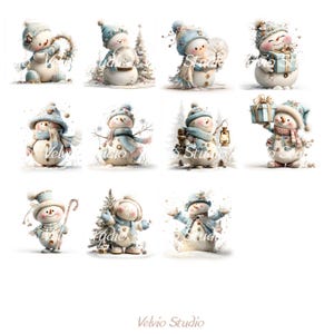 Puede incluir: Una colecci&oacute;n de ilustraciones caprichosas de mu&ntilde;ecos de nieve en varias poses. Cada mu&ntilde;eco de nieve est&aacute; adornado con un sombrero azul, bufanda y accesorios. Los mu&ntilde;ecos de nieve est&aacute;n sobre un fondo blanco, con el texto "Velvio Studio" en la parte inferior.