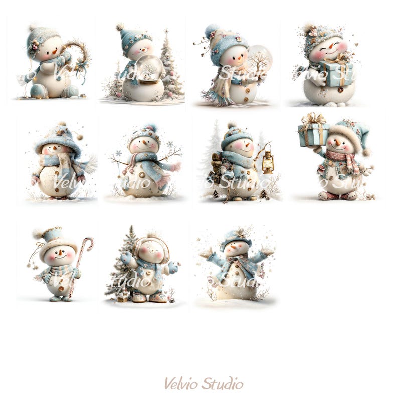 Puede incluir: Una colecci&oacute;n de ilustraciones caprichosas de mu&ntilde;ecos de nieve en varias poses. Cada mu&ntilde;eco de nieve est&aacute; adornado con un sombrero azul, bufanda y accesorios. Los mu&ntilde;ecos de nieve est&aacute;n sobre un fondo blanco, con el texto "Velvio Studio" en la parte inferior.