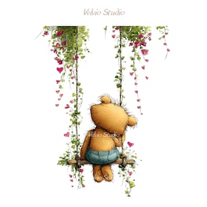 May include: A whimsical illustration of a teddy bear sitting on a swing, facing away from the viewer. The swing is suspended from vines with pink heart-shaped flowers. The bear wears blue denim shorts. The text "Velvio Studio" is in the upper left and lower right corners.