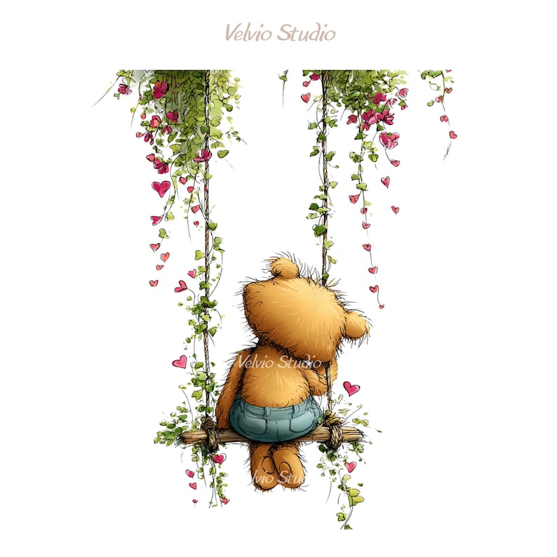 May include: A whimsical illustration of a teddy bear sitting on a swing, facing away from the viewer. The swing is suspended from vines with pink heart-shaped flowers. The bear wears blue denim shorts. The text "Velvio Studio" is in the upper left and lower right corners.