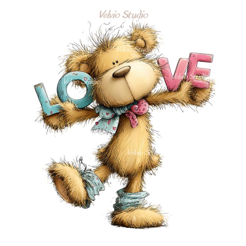 May include: A cartoon illustration of a brown teddy bear holding the word "LOVE". The bear has a blue scarf and matching leg warmers. The letters are blue and pink, with a heart design on the "O". The image has a white background.