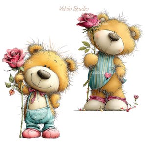 May include: Two cartoon teddy bears, each holding a pink rose. One bear wears blue overalls and a pink bow tie. The other bear wears a blue and white striped shirt with a pink heart. The bears have big smiles and pink shoes.