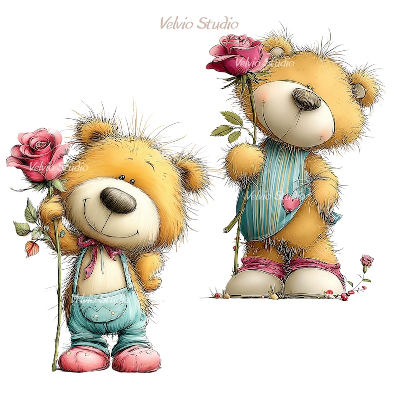 May include: Two cartoon teddy bears, each holding a pink rose. One bear wears blue overalls and a pink bow tie. The other bear wears a blue and white striped shirt with a pink heart. The bears have big smiles and pink shoes.