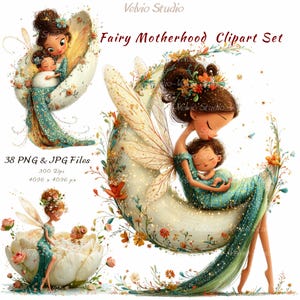 Könnte beinhalten: Digitales Clipart-Set mit Illustrationen von Feenmüttern und Babys. Die Bilder zeigen eine Feenmutter, die ein Baby auf einem Mondbogen wiegt, verziert mit Blumen und Flügeln. Der Text "Fairy Motherhood Clipart Set" ist sichtbar.