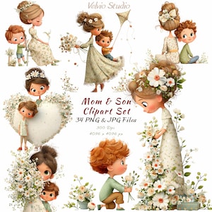 May include: A digital clipart set titled "Mom & Son" featuring illustrations of mothers and sons with floral accents. The images include women and children in dresses and holding flowers, with a kite. The set includes 34 PNG and JPG files.