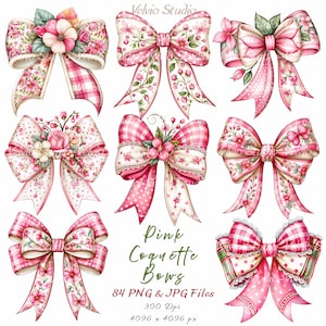 May include: A collection of eight decorative bows featuring various pink floral, plaid, and polka dot patterns. The text reads: Pink Coquette Bows, 84 PNG & JPG Files, 300 Dpi, 4096 x 4096 px. Each bow displays intricate details and soft color palettes.