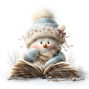 Puede incluir: Ilustraci&oacute;n de un mu&ntilde;eco de nieve caprichoso. El mu&ntilde;eco de nieve lleva un gorro de punto azul claro con un pomp&oacute;n esponjoso, manoplas a juego y una bufanda. Sostiene un libro abierto con p&aacute;ginas envejecidas, sobre un fondo nevado. El mu&ntilde;eco de nieve tiene una nariz de zanahoria y mejillas rosadas.