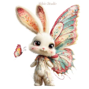 Peut inclure: Illustration fantaisiste d'un lapin blanc avec des ailes de papillon et une tenue &agrave; motifs floraux. Un petit papillon vole &agrave; proximit&eacute;. L'image a une esth&eacute;tique douce et r&ecirc;veuse, avec le texte "Velvio Studio" dans le coin sup&eacute;rieur droit.