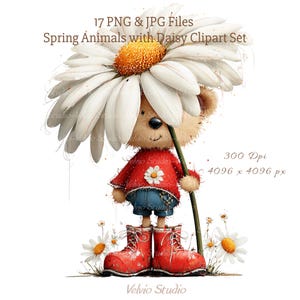 Könnte beinhalten: Eine bezaubernde Illustration eines Teddybären mit einer riesigen Gänseblume, gekleidet in einem roten Pullover, blauen Shorts und roten Stiefeln. Der Text "17 PNG & JPG Files Spring Animals with Daisy Clipart Set" und "Velvio Studio" ist enthalten.