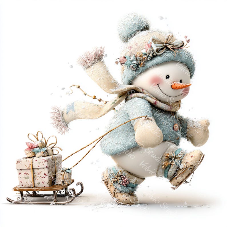 Puede incluir: Una caprichosa figura de mu&ntilde;eco de nieve con un atuendo, sombrero y bufanda de color azul claro, tirando de un peque&ntilde;o trineo de madera lleno de regalos envueltos. El mu&ntilde;eco de nieve tiene una nariz de zanahoria, mejillas rosadas y lleva patines. Tema invernal.